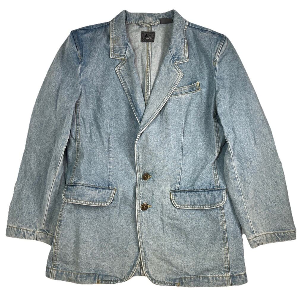 Vtg Lizwear Denim Suit Jacket Blazer Light Wash Retro Chore Coat Women's 12P
